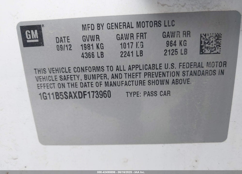 2013 CHEVROLET MALIBU 1LS VIN: 1G11B5SAXDF173960