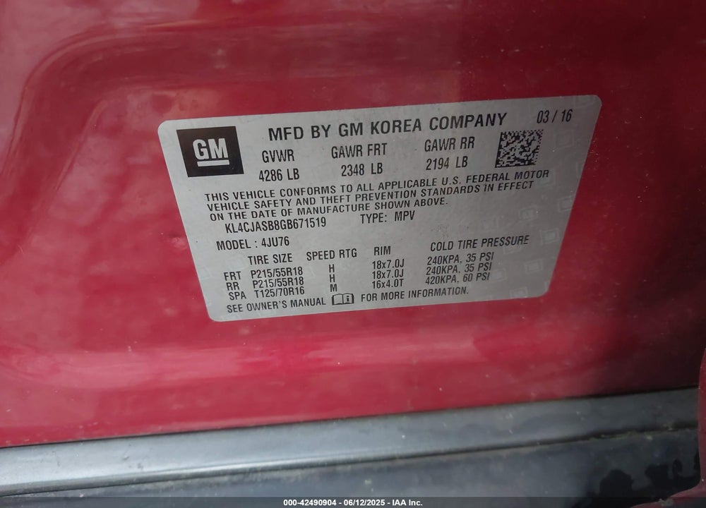 2016 BUICK ENCORE VIN: KL4CJASB8GB671519