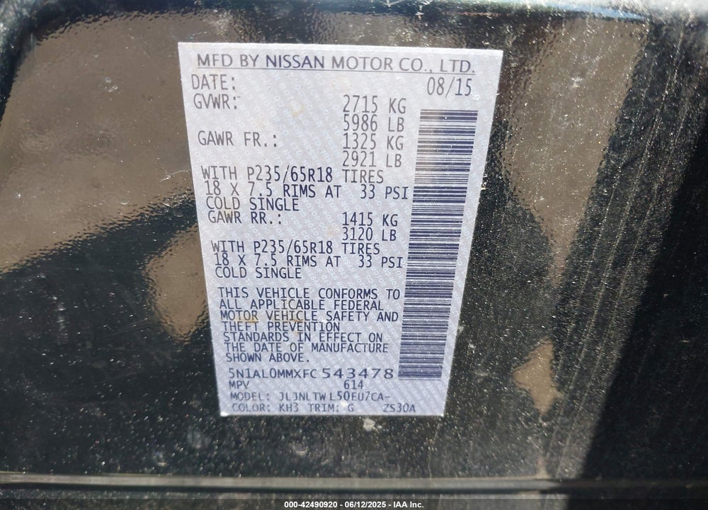 2015 INFINITI QX60 VIN: 5N1AL0MMXFC543478