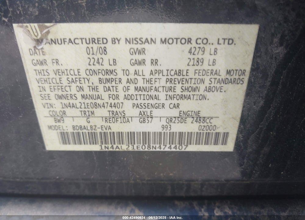 2008 NISSAN ALTIMA VIN: 1N4AL21E08N474407