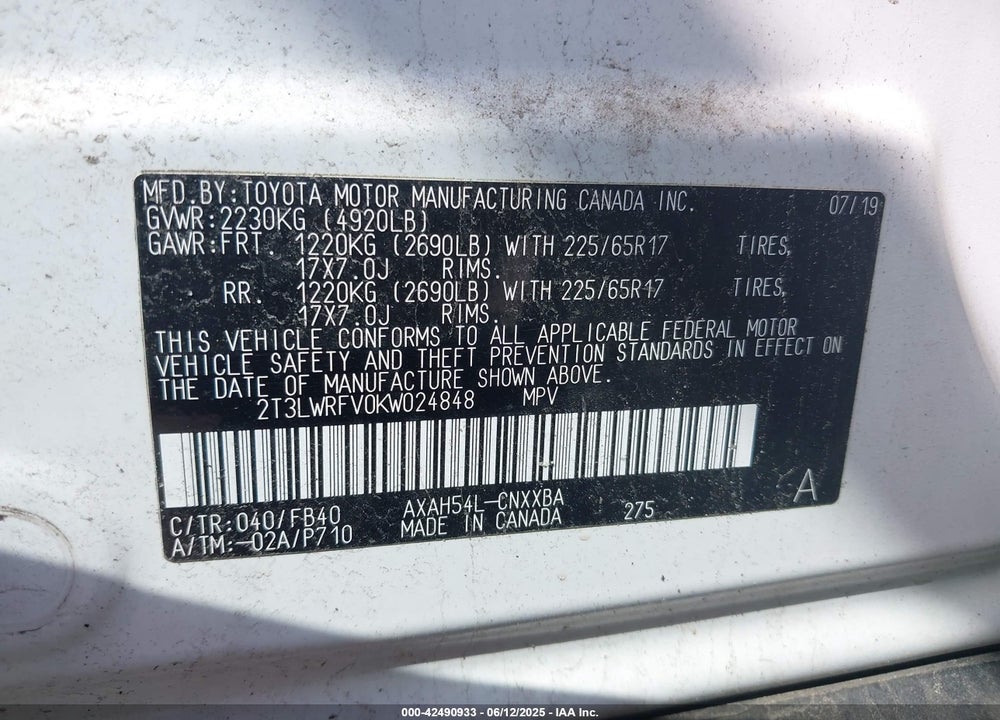 2019 TOYOTA RAV4 HYBRID VIN: 2T3LWRFV0KW024848