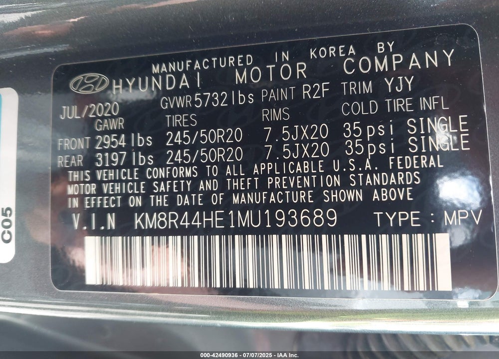 2021 HYUNDAI PALISADE VIN: KM8R44HE1MU193689