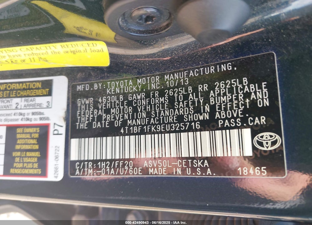 2014 TOYOTA CAMRY VIN: 4T1BF1FK9EU325716