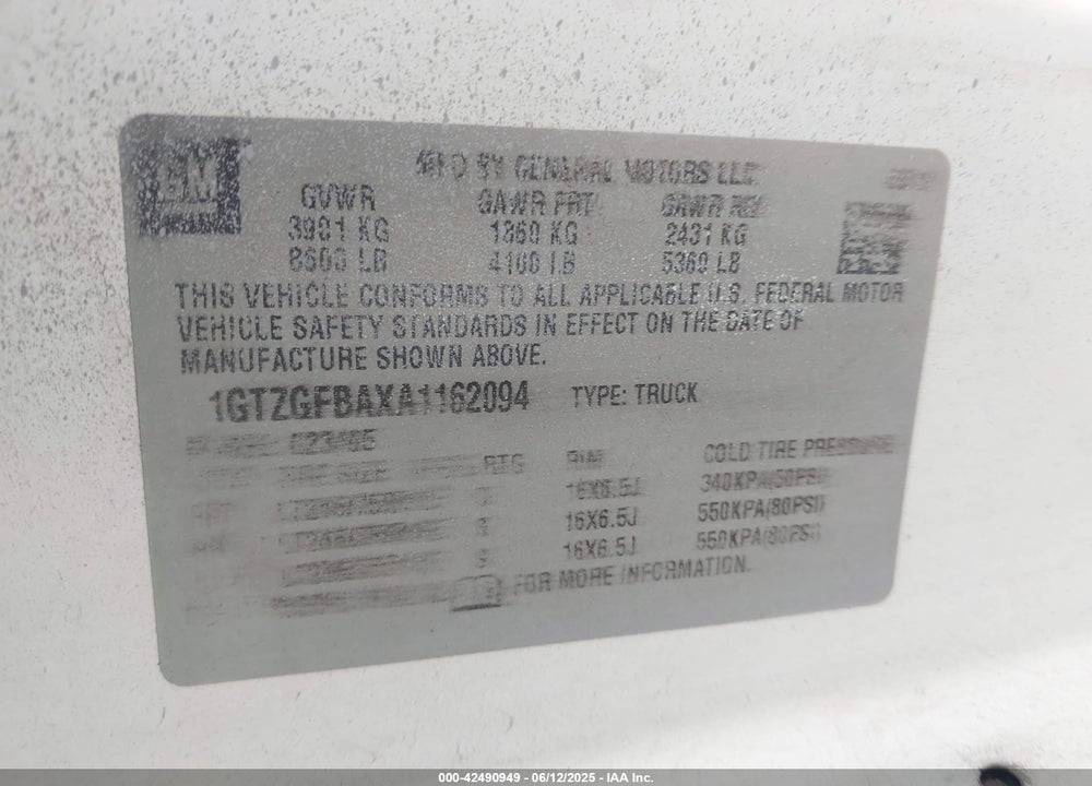 2010 GMC SAVANA 2500 WORK VAN VIN: 1GTZGFBAXA1162094