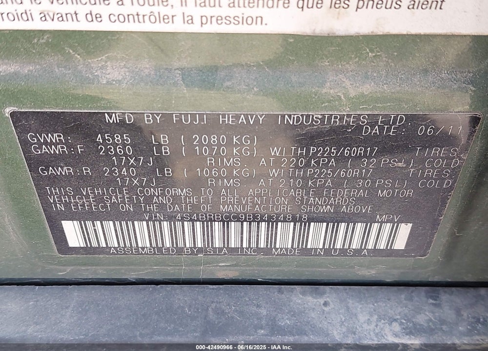 2011 SUBARU OUTBACK 2.5I PREMIUM VIN: 4S4BRBCC9B3434818