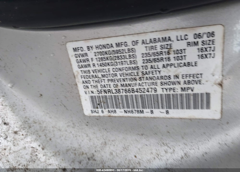 2006 HONDA ODYSSEY EX-L VIN: 5FNRL38766B452479