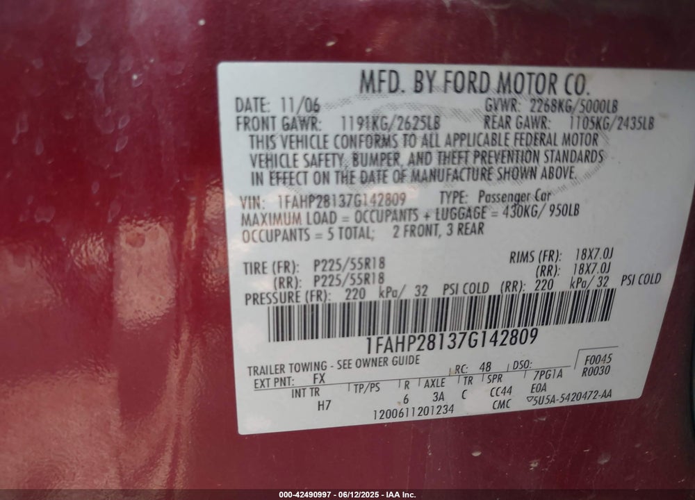 2007 FORD FIVE HUNDRED VIN: 1FAHP28137G142809