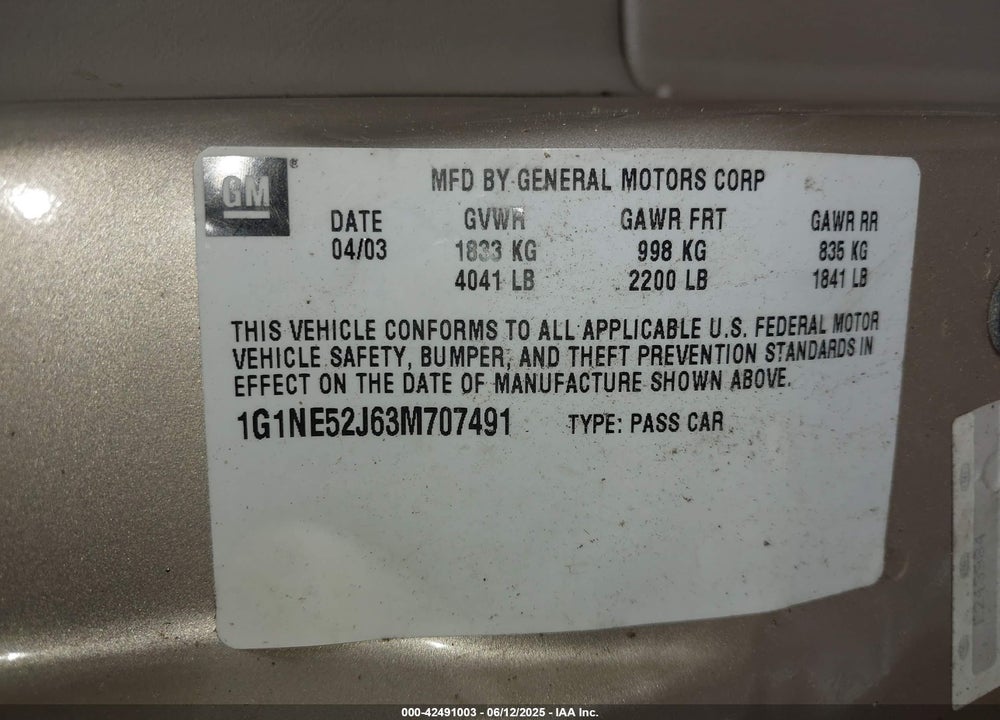 2003 CHEVROLET MALIBU LS VIN: 1G1NE52J63M707491