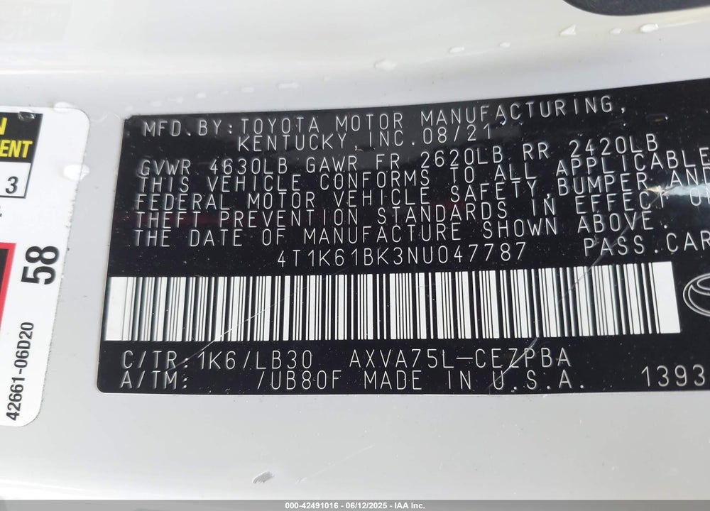 2022 TOYOTA CAMRY XSE AWD VIN: 4T1K61BK3NU047787