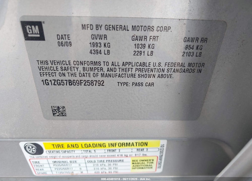2009 CHEVROLET MALIBU LS VIN: 1G1ZG57B69F258792