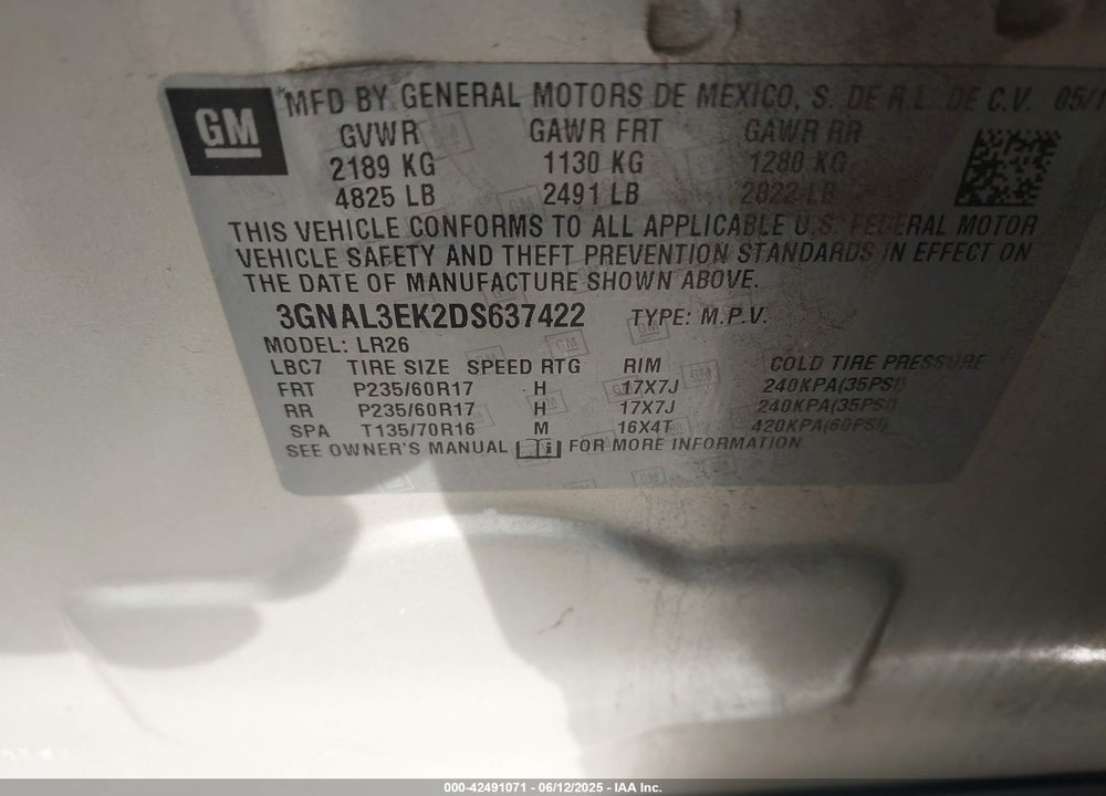 2013 CHEVROLET CAPTIVA VIN: 3GNAL3EK2DS637422