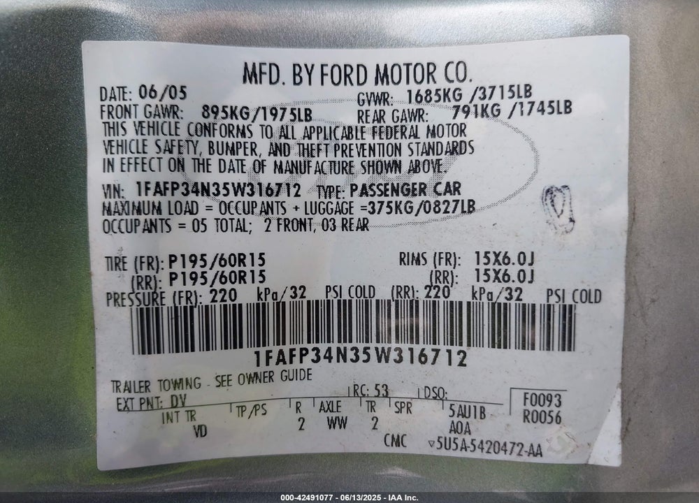 2005 FORD FOCUS ZX4 VIN: 1FAFP34N35W316712