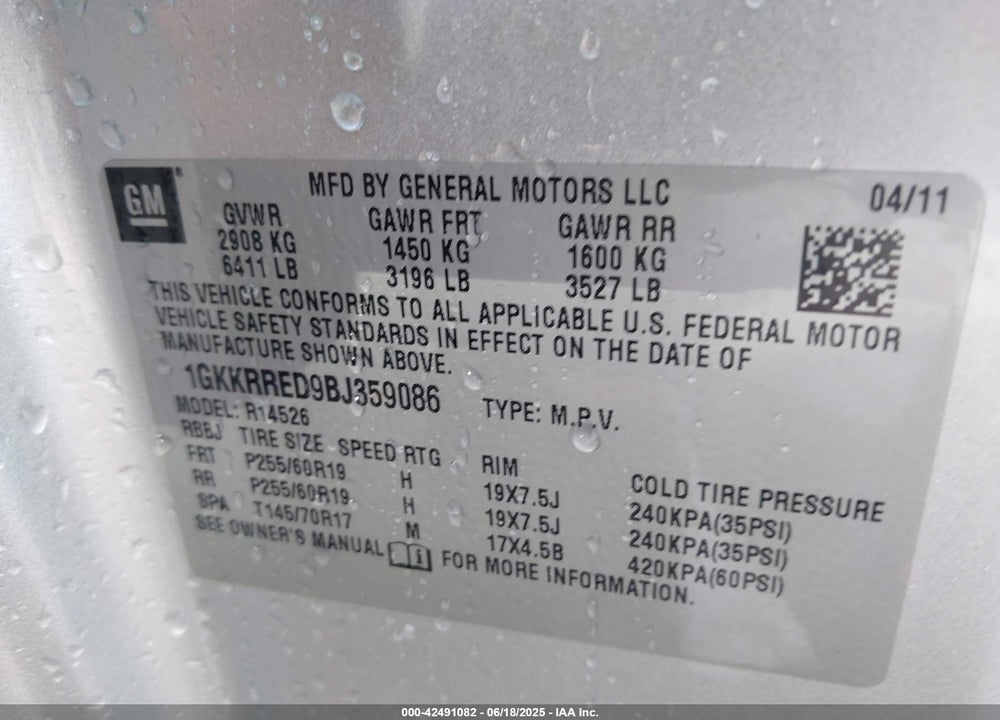 2011 GMC ACADIA VIN: 1GKKRRED9BJ359086