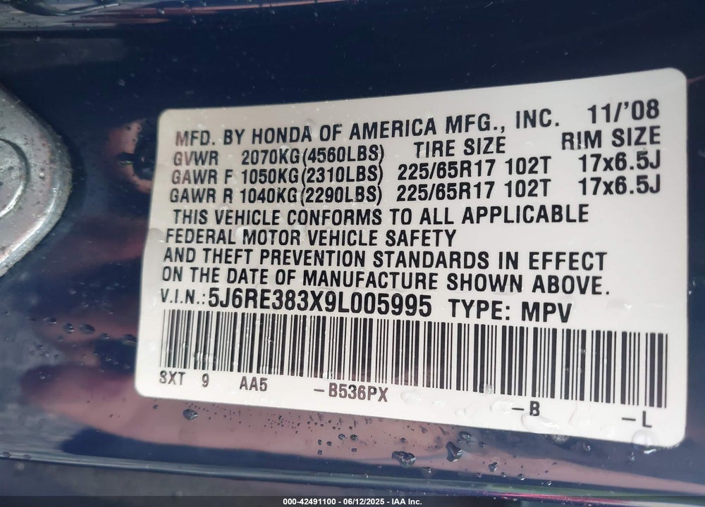 2009 HONDA CR-V LX VIN: 5J6RE383X9L005995
