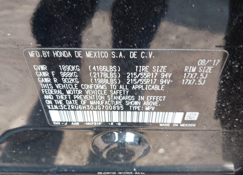 2018 HONDA HR-V VIN: 3CZRU6H30JG700895
