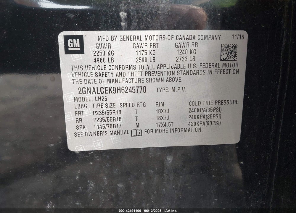 2017 CHEVROLET EQUINOX VIN: 2GNALCEK9H6245770