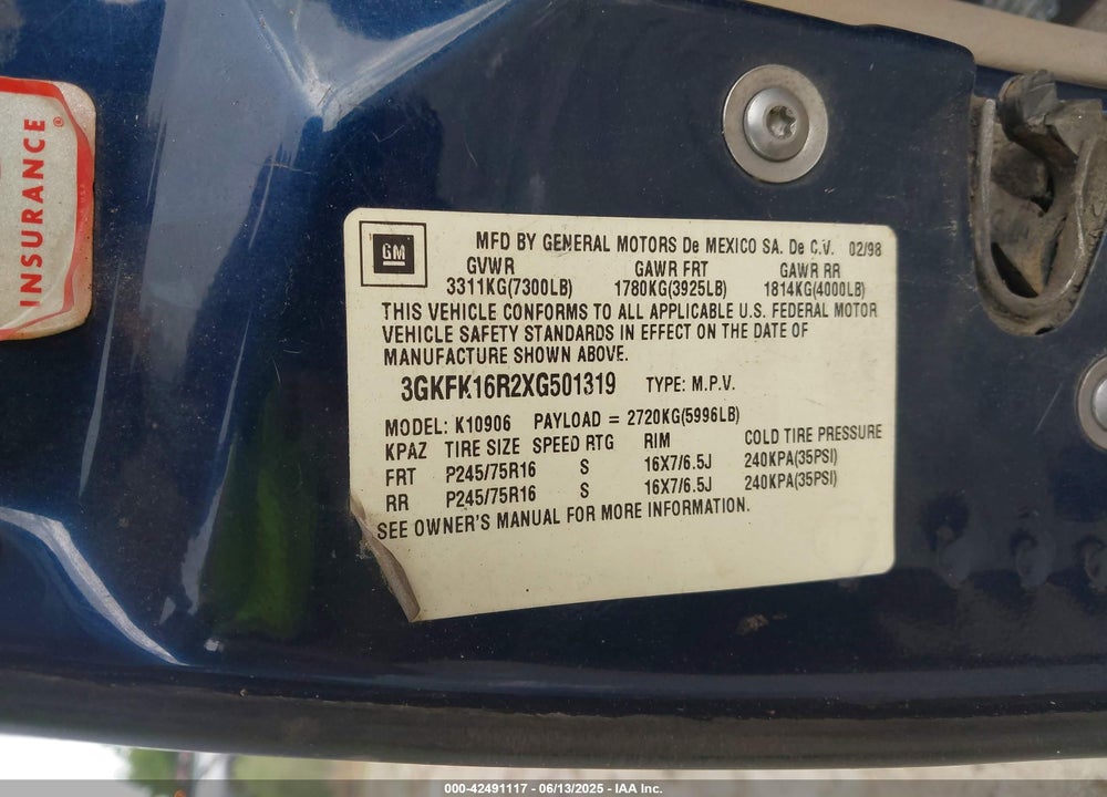 1999 GMC SUBURBAN 1500 SL VIN: 3GKFK16R2XG501319