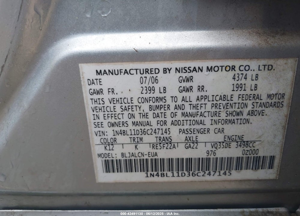 2006 NISSAN ALTIMA 3.5 SE VIN: 1N4BL11D36C247145
