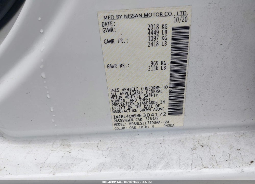 2021 NISSAN ALTIMA VIN: 1N4BL4CW5MN304172