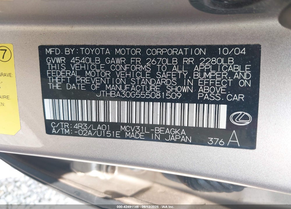 2005 LEXUS ES 330 VIN: JTHBA30G555081509