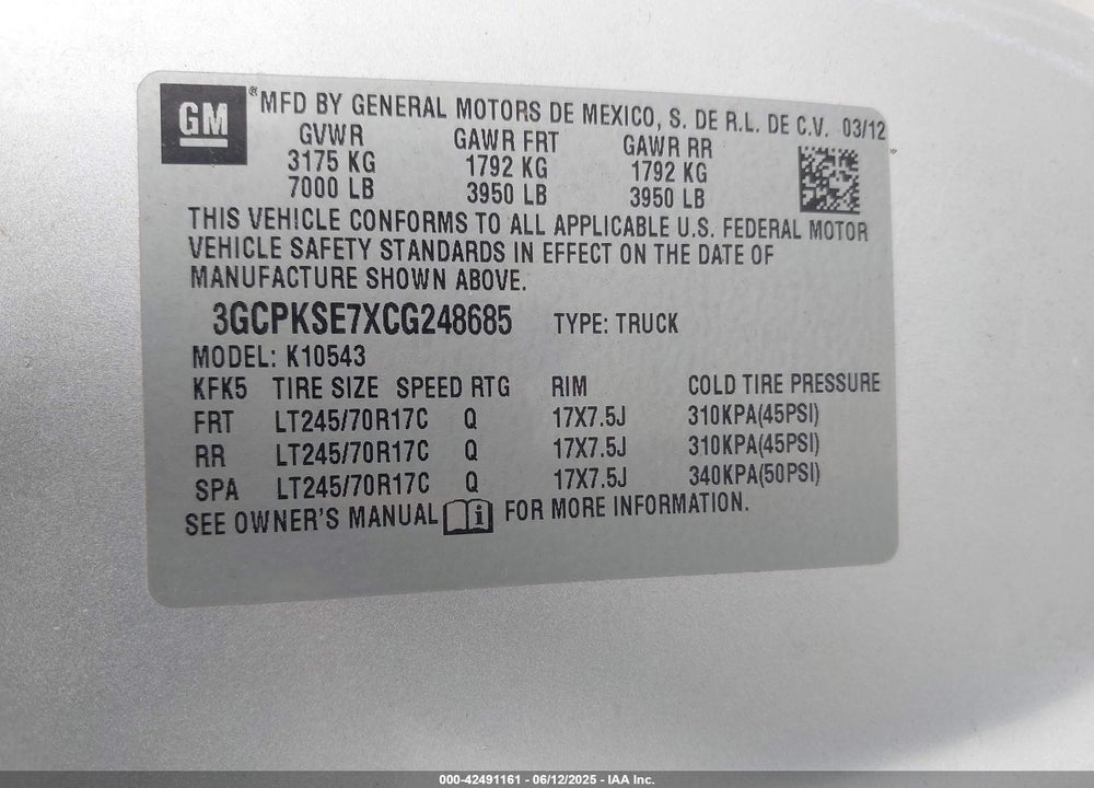 2012 CHEVROLET SILVERADO 1500 VIN: 3GCPKSE7XCG248685