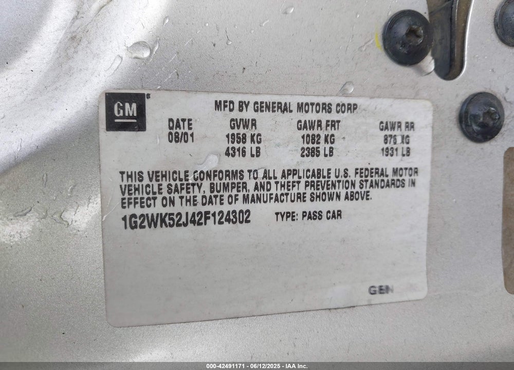 2002 PONTIAC GRAND PRIX SE VIN: 1G2WK52J42F124302