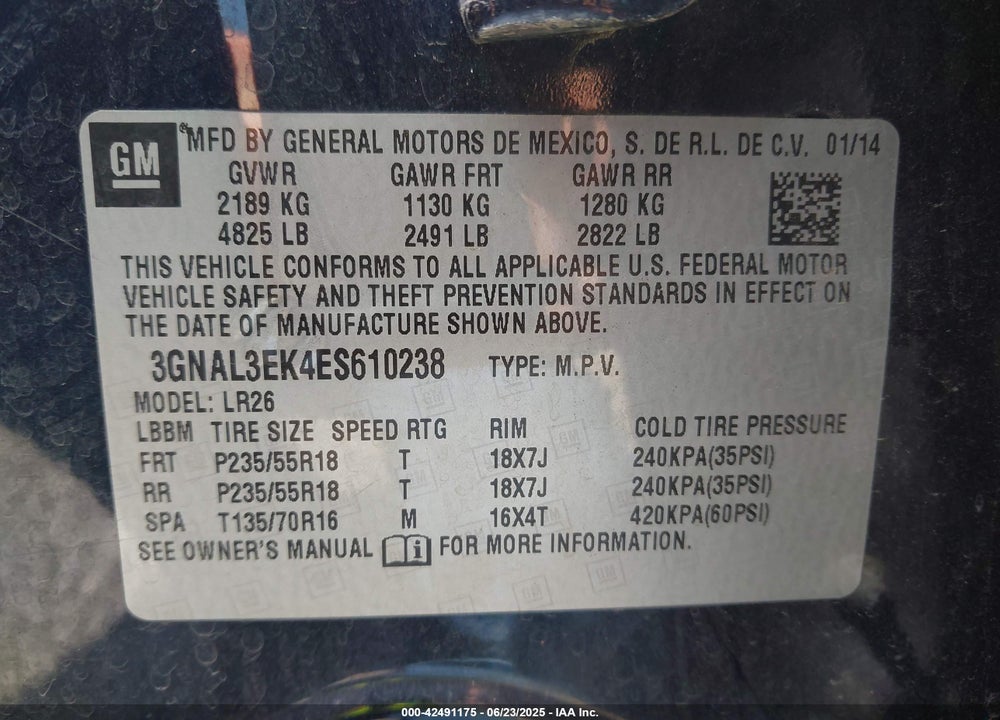 2014 CHEVROLET CAPTIVA SPORT LT VIN: 3GNAL3EK4ES610238