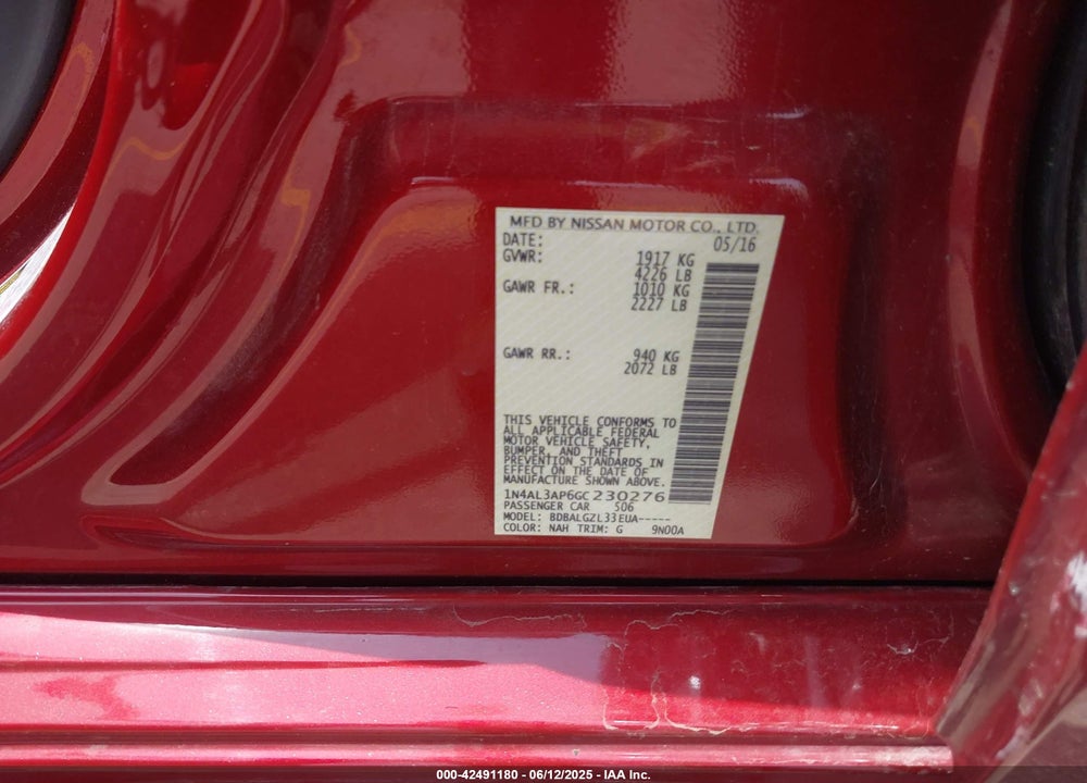 2016 NISSAN ALTIMA VIN: 1N4AL3AP6GC230276