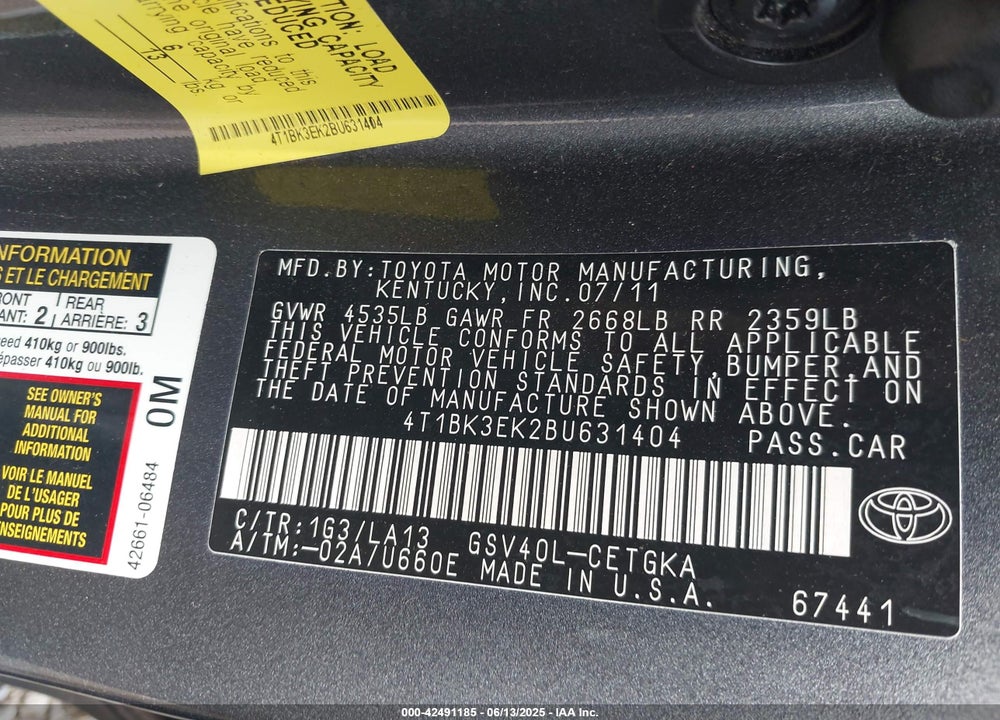 2011 TOYOTA CAMRY VIN: 4T1BK3EK2BU631404