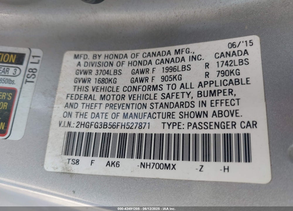 2015 HONDA CIVIC VIN: 2HGFG3B56FH527871