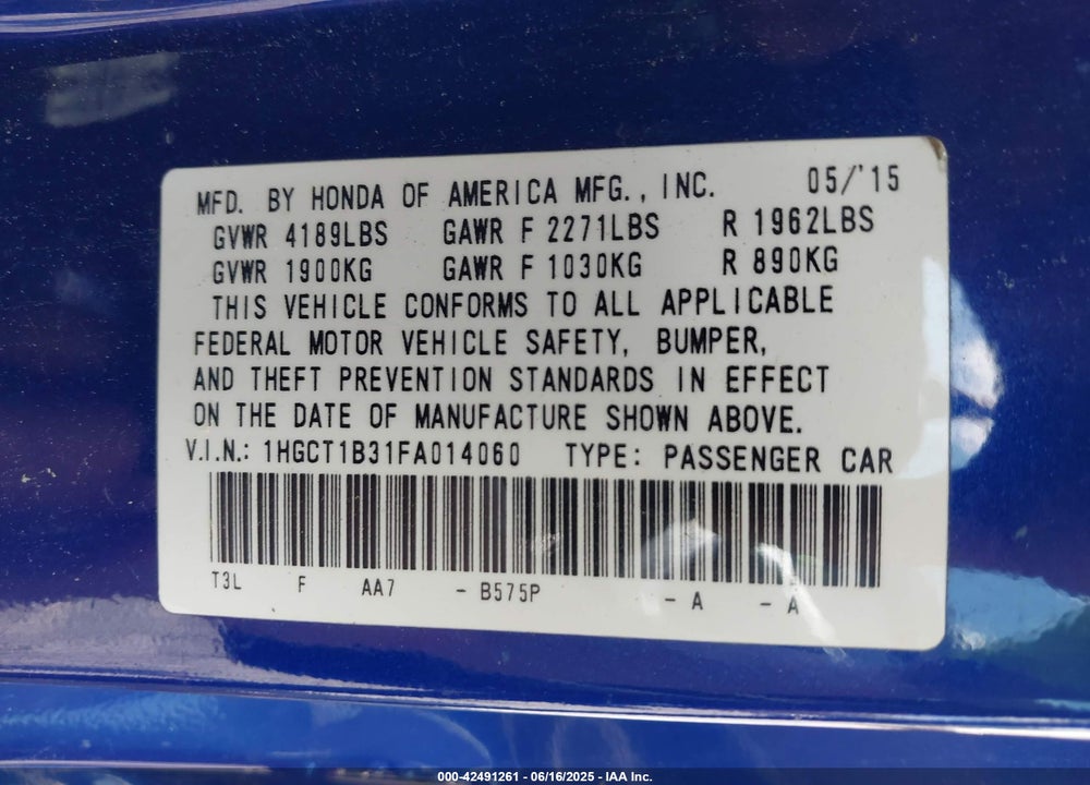 2015 HONDA ACCORD VIN: 1HGCT1B31FA014060