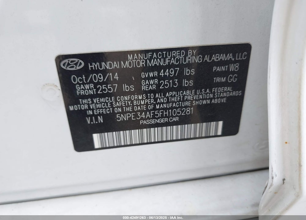 2015 HYUNDAI SONATA VIN: 5NPE34AF5FH105281
