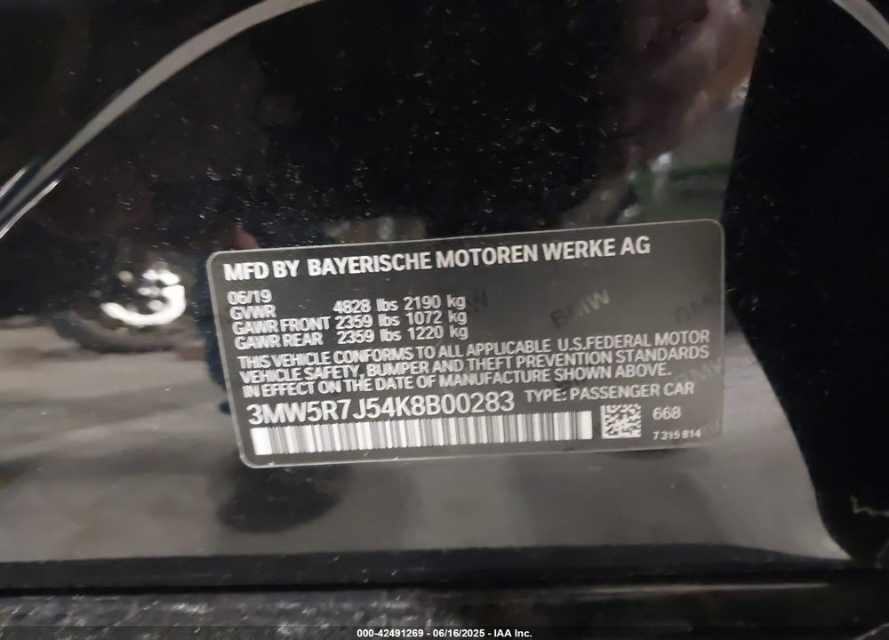 2019 BMW 330I VIN: 3MW5R7J54K8B00283