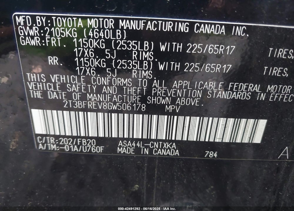 2016 TOYOTA RAV4 LE VIN: 2T3BFREV8GW506178