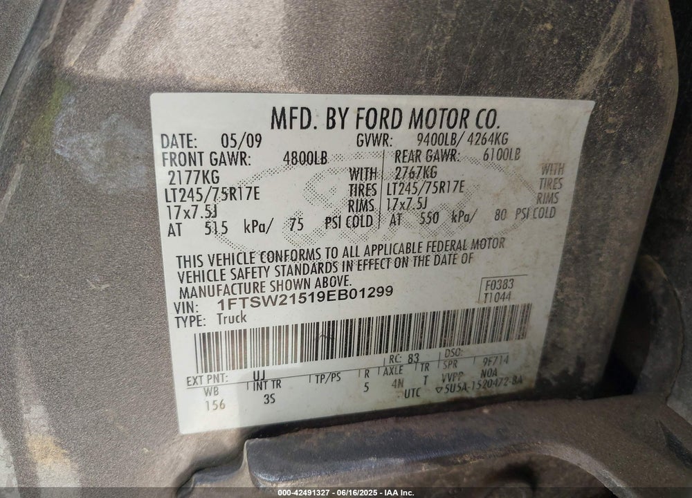 2009 FORD F-250 VIN: 1FTSW21519EB01299