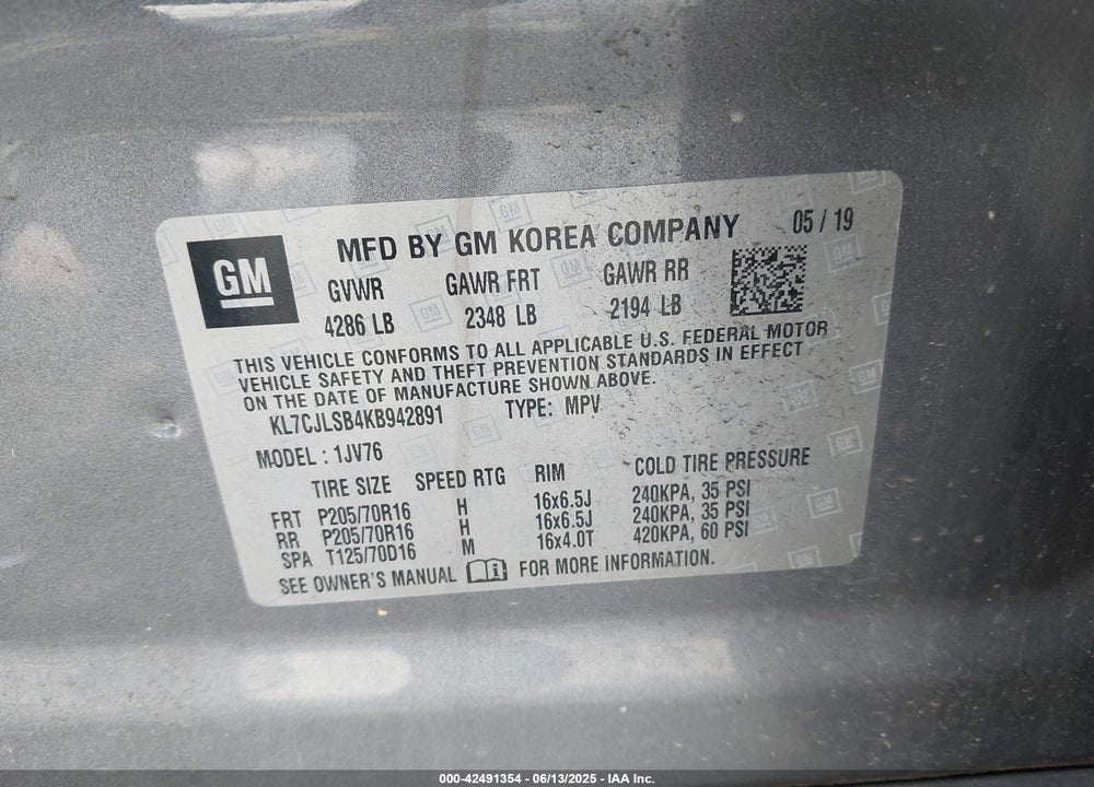 2019 CHEVROLET TRAX VIN: KL7CJLSB4KB942891