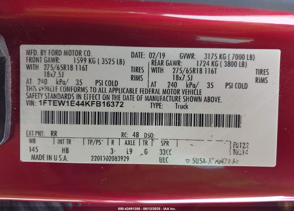 2019 FORD F-150 VIN: 1FTEW1E44KFB16372