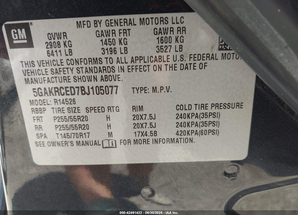2011 BUICK ENCLAVE VIN: 5GAKRCED7BJ105077