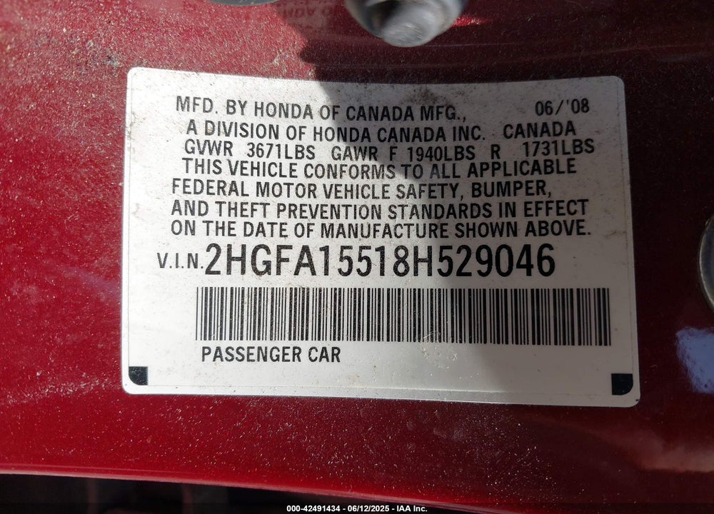 2008 HONDA CIVIC LX VIN: 2HGFA15518H529046