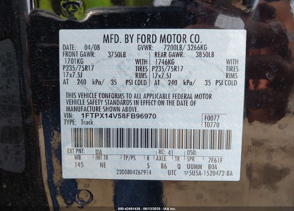 2008 FORD F-150 VIN: 1FTPX14V58FB96970