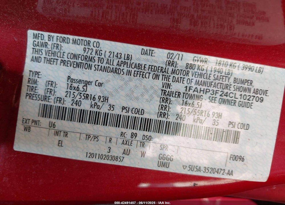2012 FORD FOCUS VIN: 1FAHP3F24CL102709