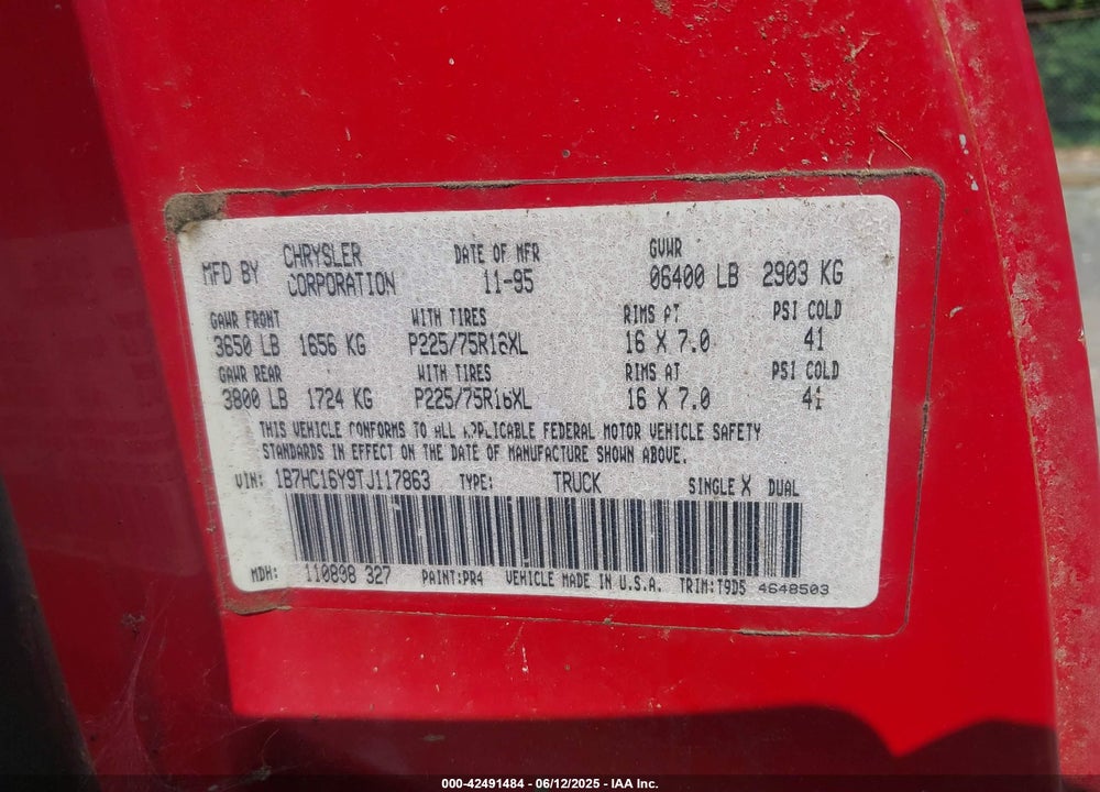 1996 DODGE RAM 1500 VIN: 1B7HC16Y9TJ117863