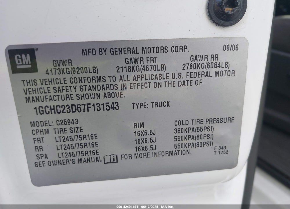 2007 CHEVROLET SILVERADO VIN: 1GCHC23D67F131543