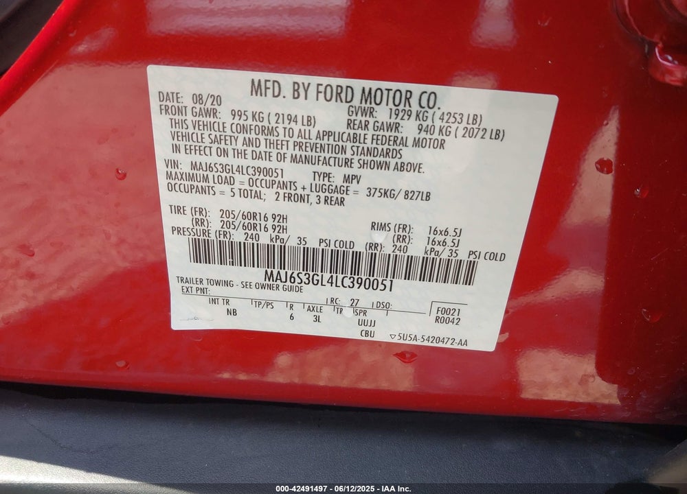 2020 FORD ECOSPORT VIN: MAJ6S3GL4LC390051