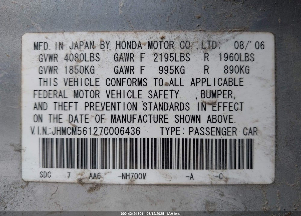2007 HONDA ACCORD 2.4 VP VIN: JHMCM56127C006436