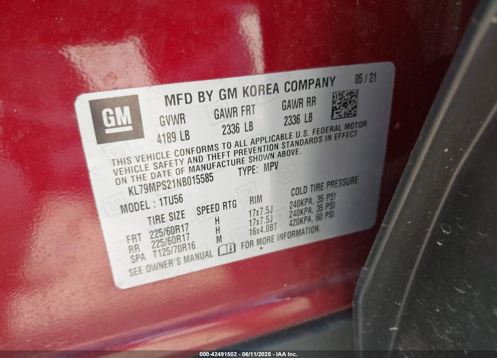 2022 CHEVROLET TRAILBLAZER VIN: KL79MPS21NB015585