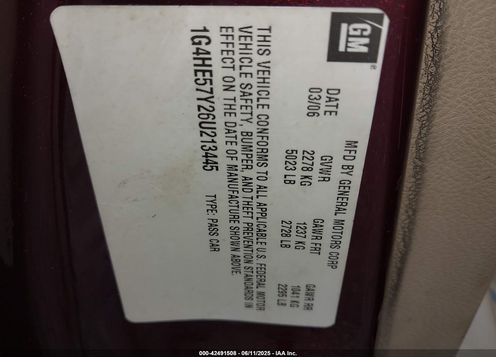 2006 BUICK LUCERNE VIN: 1G4HE57Y26U213445