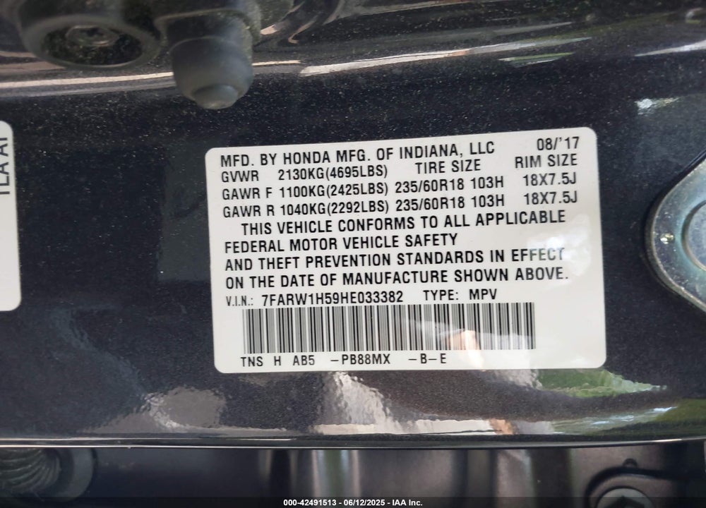 2017 HONDA CR-V VIN: 7FARW1H59HE033382