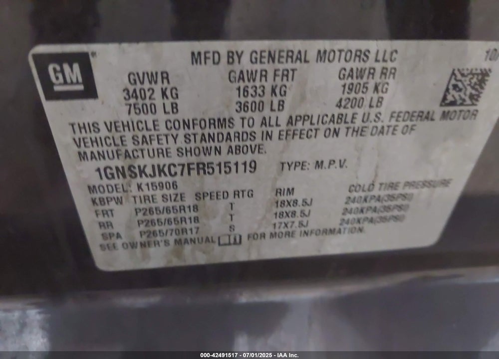 2015 CHEVROLET SUBURBAN 1500 VIN: 1GNSKJKC7FR515119