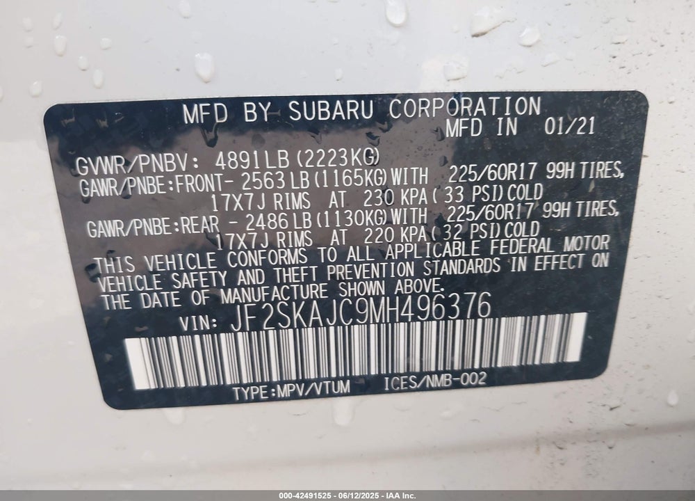 2021 SUBARU FORESTER VIN: JF2SKAJC9MH496376